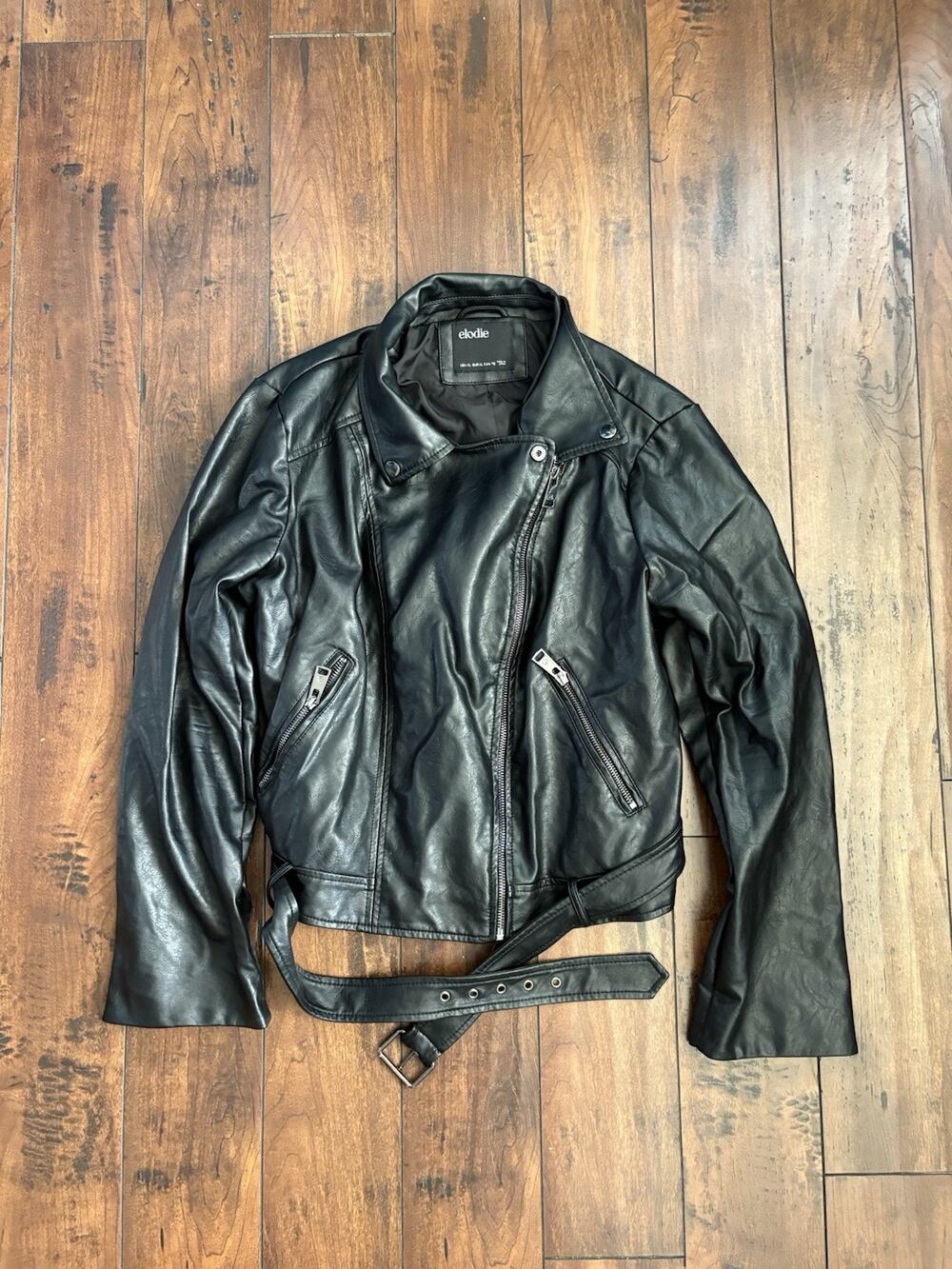 Elodie Faux Leather Belted Motorcycle Jacket Women’s XL Black Biker Y2K Slim Fit